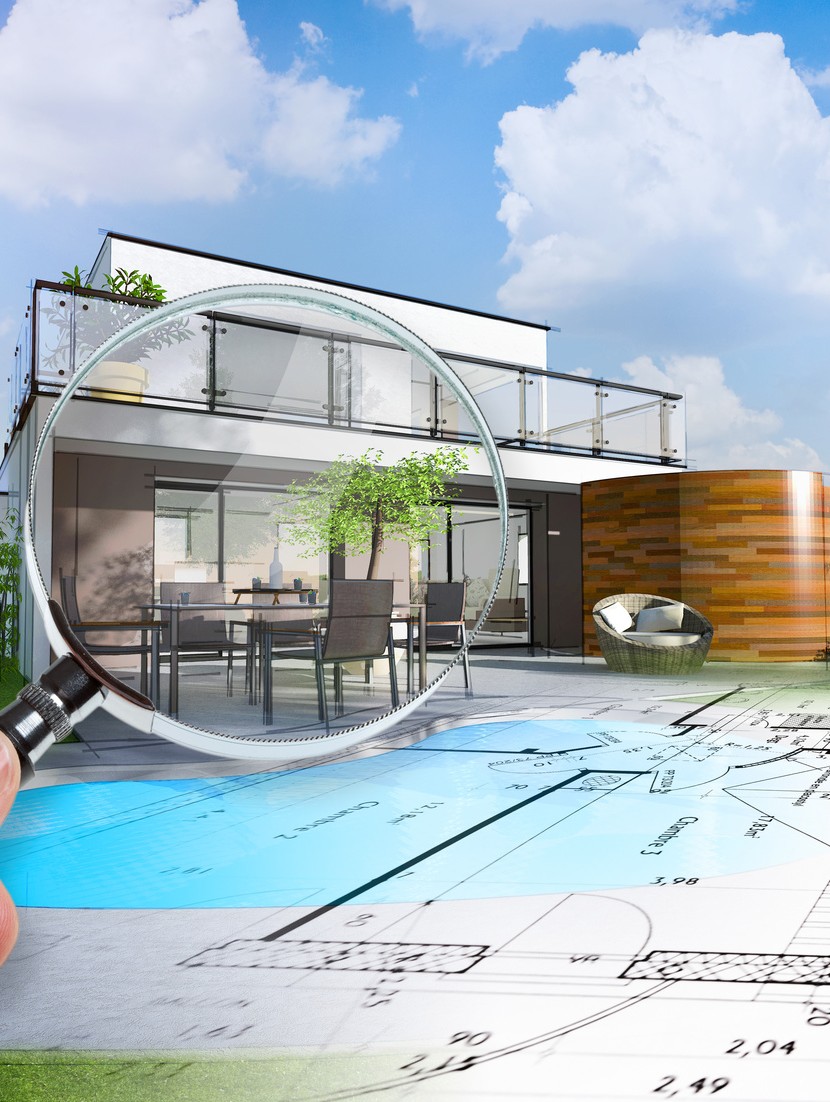 Plan et esquisse d'une maison individuelle moderne avec piscine et jardin